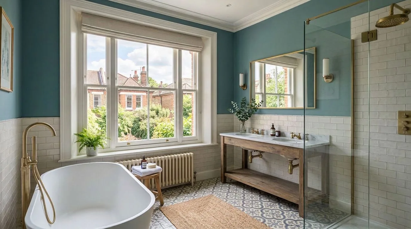 Bathroom with freestanding bath by Abode Renovations