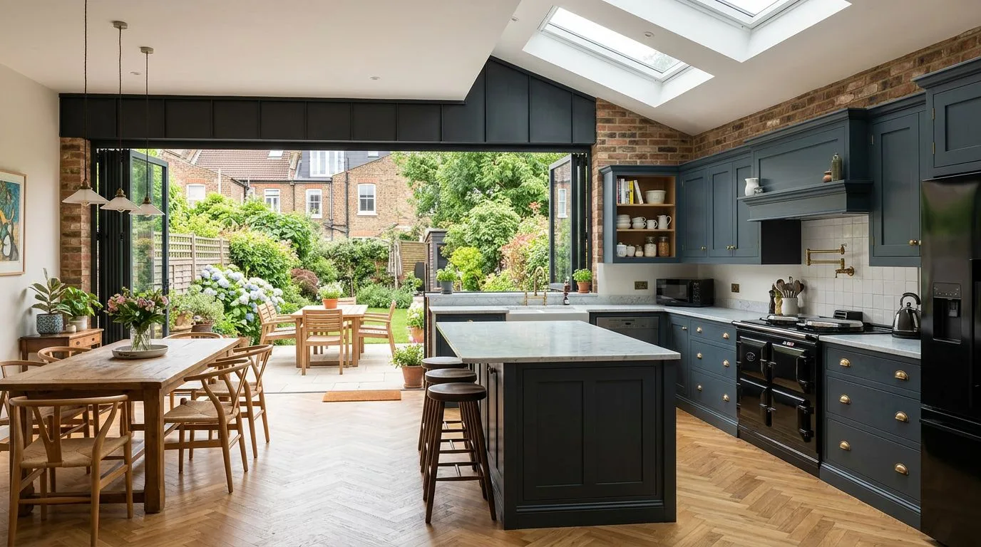 Rear kitchen extension with skylights by Abode Renovations