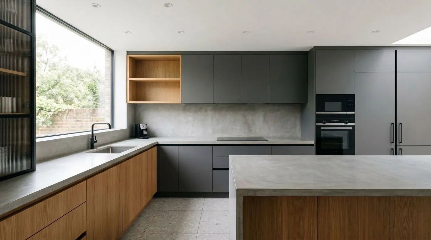 Modern fitted kitchen with island by Abode Renovations